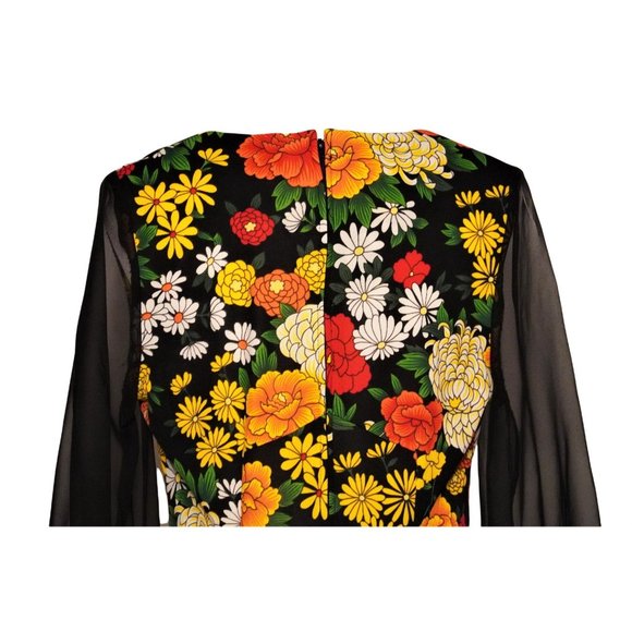 Floral Dress, Maxi Dress, Sheer Black Sleeves, Reiner of Chicago, Flower Power, - Picture 6 of 16
